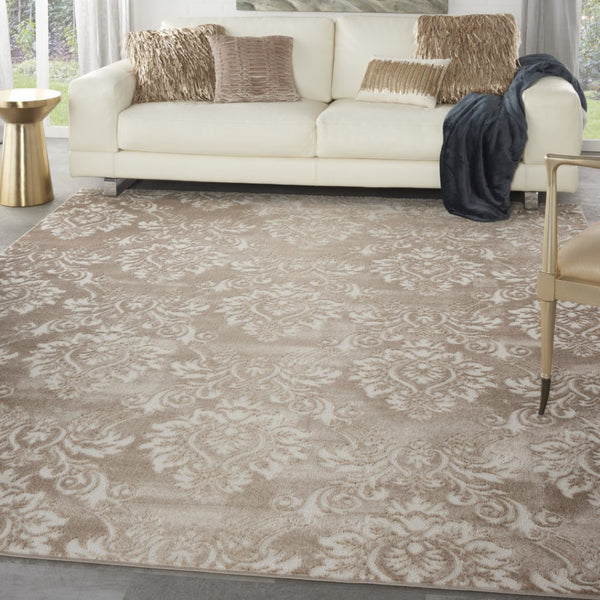 HomeRoots 8' Ivory and Tan Damask Distressed Area Rug - Timeless Elegance for Living Rooms & Bedrooms 9' X 12' 553533