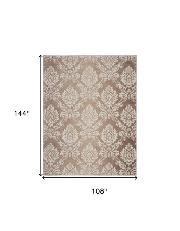 Homeroots 9' X 12' Ivory And Brown Damask Distressed Non Skid Area Rug  Polypropylene 553533