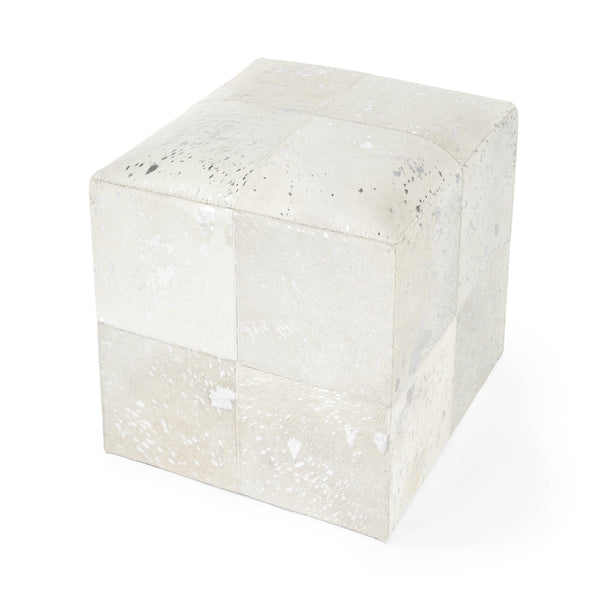 Butler Specialty Company Victorian Hair-on-hide Cube Ottoman – Elegant Accent For Modern Interiors White Leather Patch Work,Mango Wood,Foam 5535409-butler