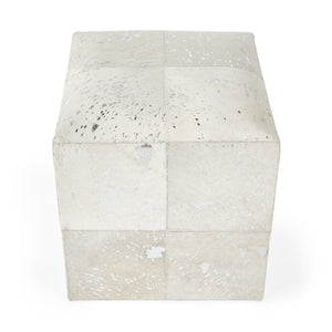 Butler Specialty Company Victorian Hair-on-hide Cube Ottoman – Elegant Accent For Modern Interiors White Leather Patch Work,Mango Wood,Foam 5535409-butler