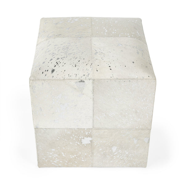 Butler Specialty Company Victorian Hair-on-hide Cube Ottoman – Elegant Accent For Modern Interiors White Leather Patch Work,Mango Wood,Foam 5535409-butler