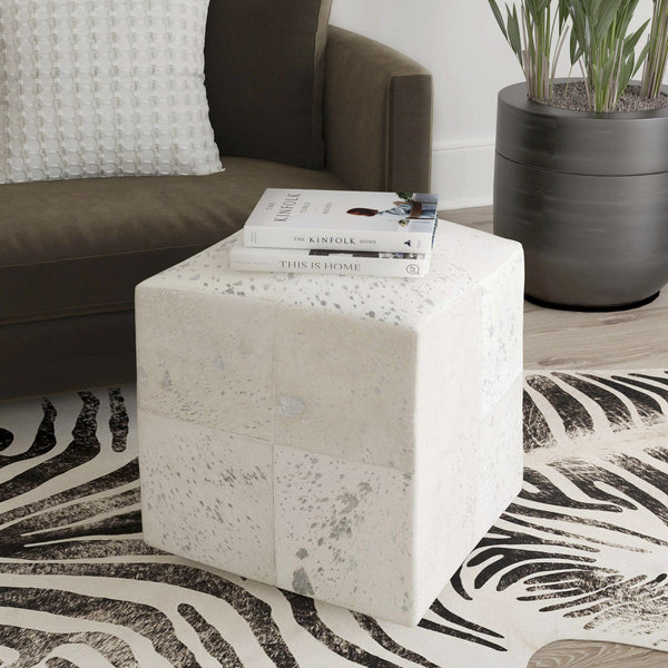 Butler Specialty Company Victorian Hair-on-hide Cube Ottoman – Elegant Accent For Modern Interiors White Leather Patch Work,Mango Wood,Foam 5535409-butler