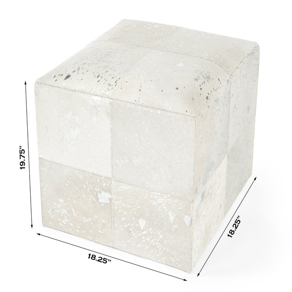 Butler Specialty Company Victorian Hair-on-hide Cube Ottoman – Elegant Accent For Modern Interiors White Leather Patch Work,Mango Wood,Foam 5535409-butler