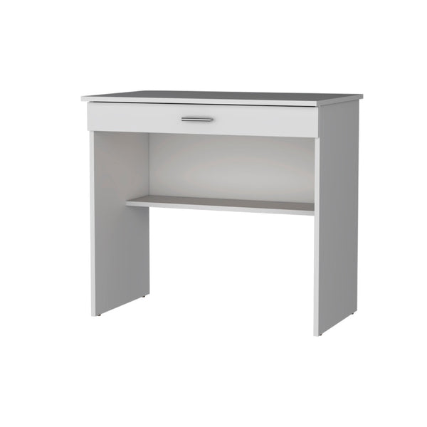 HomeRoots 32" White Wood Computer Desk - Compact, Stylish Workspace with Hidden Storage and Open Shelving Options 553547