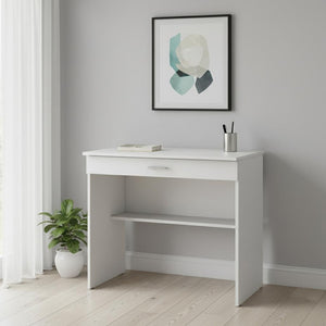 HomeRoots 32" White Wood Computer Desk - Compact, Stylish Workspace with Hidden Storage and Open Shelving Options 553547