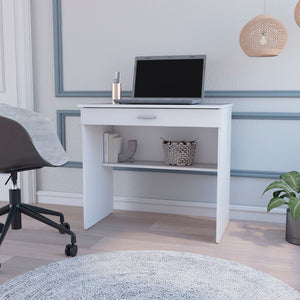 HomeRoots 32" White Wood Computer Desk - Compact, Stylish Workspace with Hidden Storage and Open Shelving Options 553547