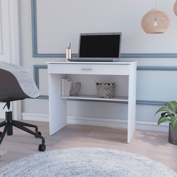 HomeRoots 32" White Wood Computer Desk - Compact, Stylish Workspace with Hidden Storage and Open Shelving Options 553547