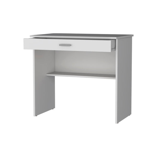 HomeRoots 32" White Wood Computer Desk - Compact, Stylish Workspace with Hidden Storage and Open Shelving Options 553547