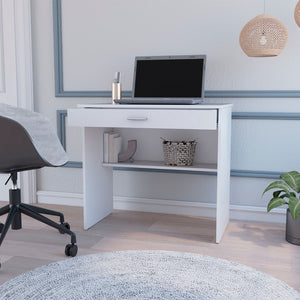 HomeRoots 32" White Wood Computer Desk - Compact, Stylish Workspace with Hidden Storage and Open Shelving Options 553547
