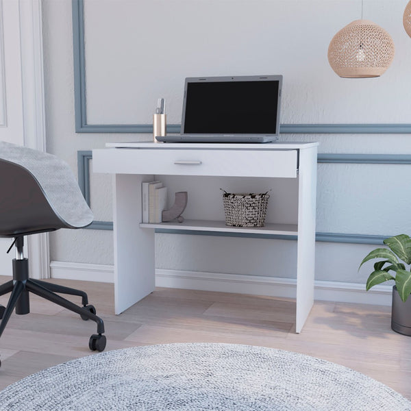 HomeRoots 32" White Wood Computer Desk - Compact, Stylish Workspace with Hidden Storage and Open Shelving Options 553547