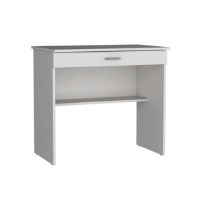 HomeRoots 32" White Wood Computer Desk - Compact, Stylish Workspace with Hidden Storage and Open Shelving Options 553547