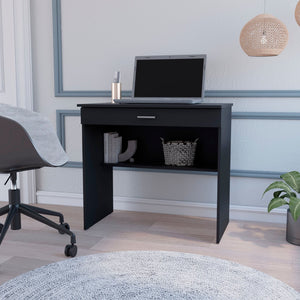 HomeRoots 32" Black Wood Computer Desk – Stylish Compact Workspace with Hidden Storage & Open Shelving Solution 553548