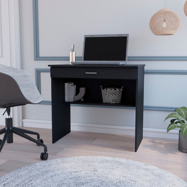 HomeRoots 32" Black Wood Computer Desk – Stylish Compact Workspace with Hidden Storage & Open Shelving Solution 553548