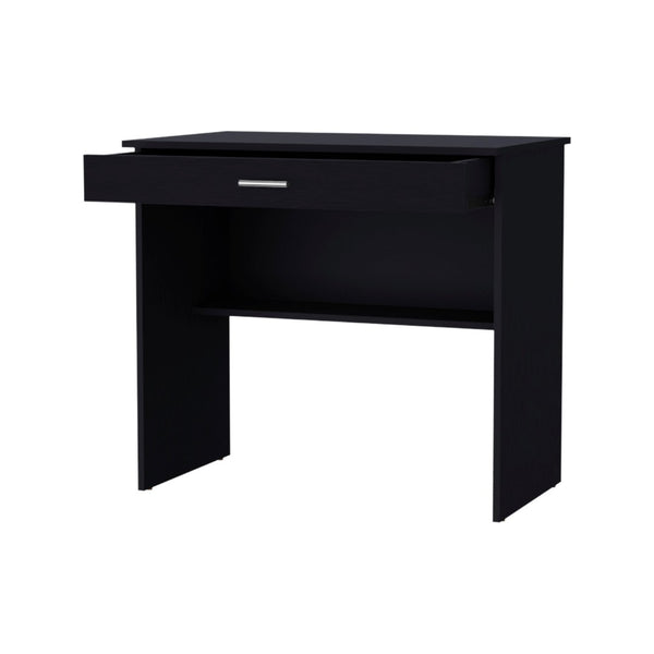 HomeRoots 32" Black Wood Computer Desk – Stylish Compact Workspace with Hidden Storage & Open Shelving Solution 553548