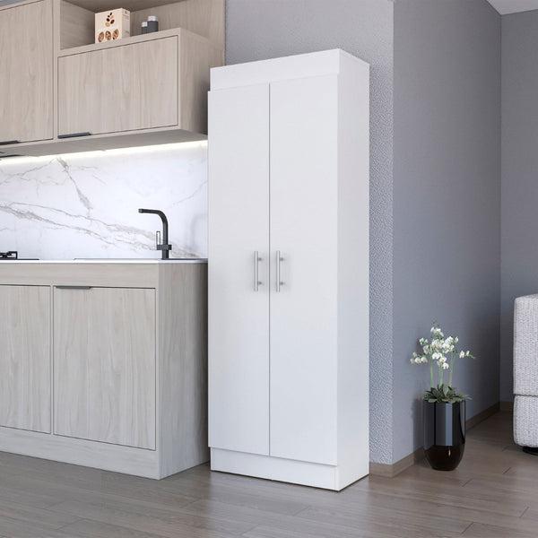 HomeRoots 67" Elegant White Wood Pantry Cabinet with Ample Shelves for Organized Kitchen & Utility Storage Solutions 553657