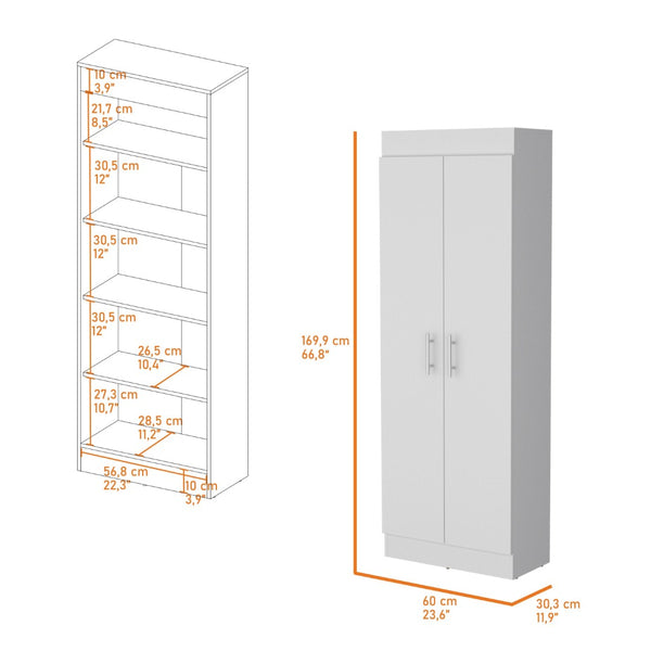 HomeRoots 67" Elegant White Wood Pantry Cabinet with Ample Shelves for Organized Kitchen & Utility Storage Solutions 553657