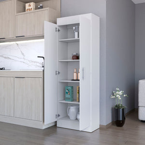 HomeRoots 67" Elegant White Wood Pantry Cabinet with Ample Shelves for Organized Kitchen & Utility Storage Solutions 553657