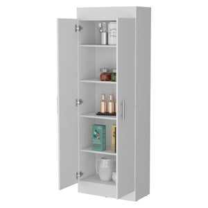 HomeRoots 67" Elegant White Wood Pantry Cabinet with Ample Shelves for Organized Kitchen & Utility Storage Solutions 553657