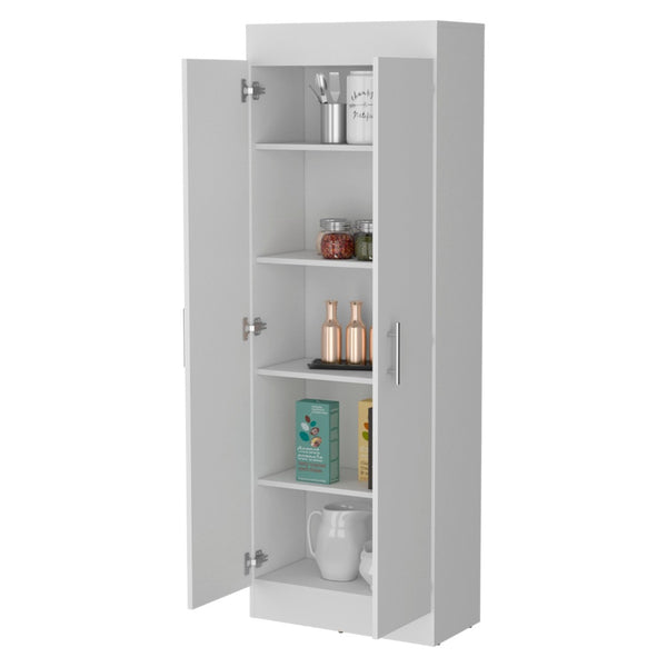 HomeRoots 67" Elegant White Wood Pantry Cabinet with Ample Shelves for Organized Kitchen & Utility Storage Solutions 553657