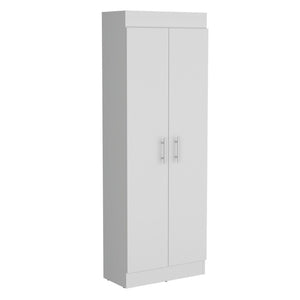 HomeRoots 67" Elegant White Wood Pantry Cabinet with Ample Shelves for Organized Kitchen & Utility Storage Solutions 553657