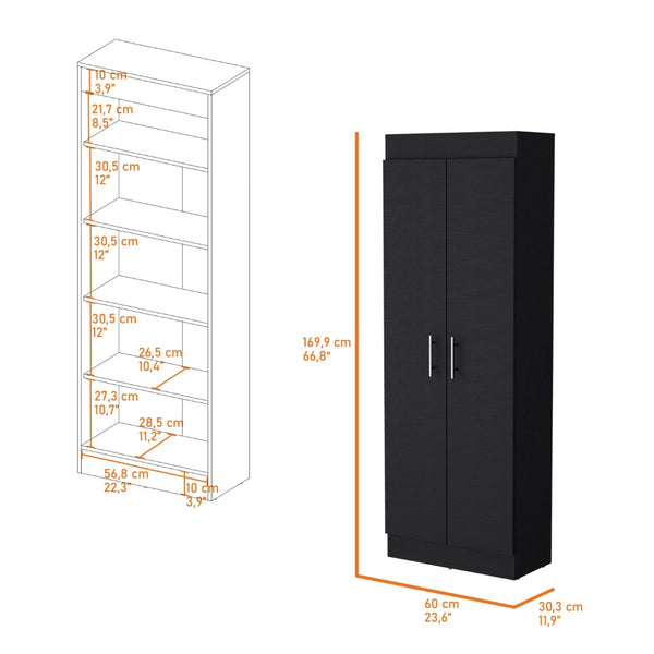 HomeRoots 67" Black Wood Pantry - Stylish Storage Solution with 5 Shelves for Kitchen, Laundry, or Garage Use 553658
