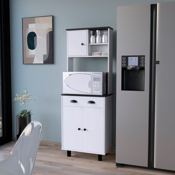 HomeRoots 67" Stylish Black and White Pantry Cabinet with Five Shelves for Modern Kitchen or Home Storage Solutions 553662