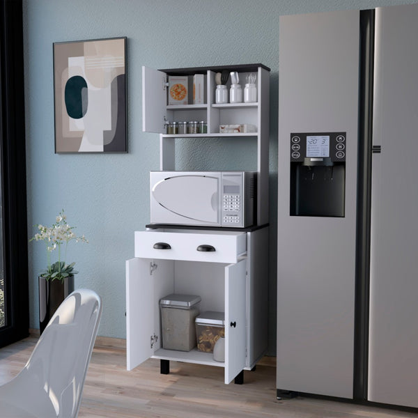 HomeRoots 67" Stylish Black and White Pantry Cabinet with Five Shelves for Modern Kitchen or Home Storage Solutions 553662