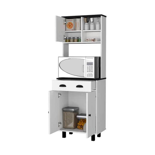 HomeRoots 67" Stylish Black and White Pantry Cabinet with Five Shelves for Modern Kitchen or Home Storage Solutions 553662