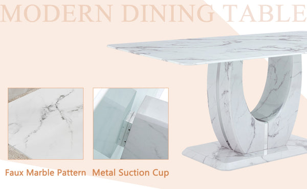 English Elm Table and Chair Set Modern Marble Glass Top Dining with Six Pu Leather Seats W1151S02125