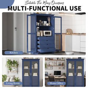 English Elm Topmax Solid Pine Pantry Cabinet with Glass Doors Four Drawers Kitchen Storage SP000086AAC