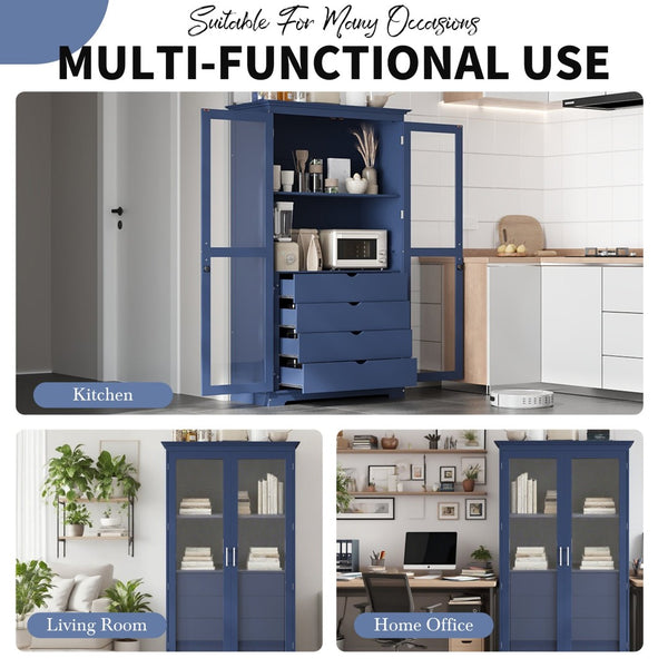 English Elm Topmax Solid Pine Pantry Cabinet with Glass Doors Four Drawers Kitchen Storage SP000086AAC