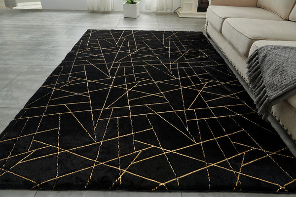 Homeroots 4' X 6' Black And Gold Faux Fur Abstract Shag Non Skid Area Rug  Faux Fur 553750