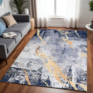 Homeroots 5' X 7' Blue And Yellow Abstract Shag Printed Washable Non Skid Area Rug  Polyester 553790
