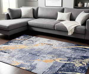 Homeroots 6' X 9' Blue And Yellow Abstract Shag Printed Washable Non Skid Area Rug  Polyester 553791
