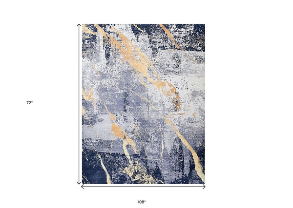 Homeroots 6' X 9' Blue And Yellow Abstract Shag Printed Washable Non Skid Area Rug  Polyester 553791