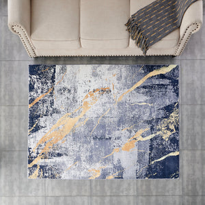 Homeroots 8' X 11' Blue And Yellow Abstract Shag Printed Washable Non Skid Area Rug  Polyester 553792