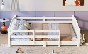 English Elm Full Montessori Pine Wood Floor Bed with Safety Rails Low Profile Kids Room Frame White N733P400299K