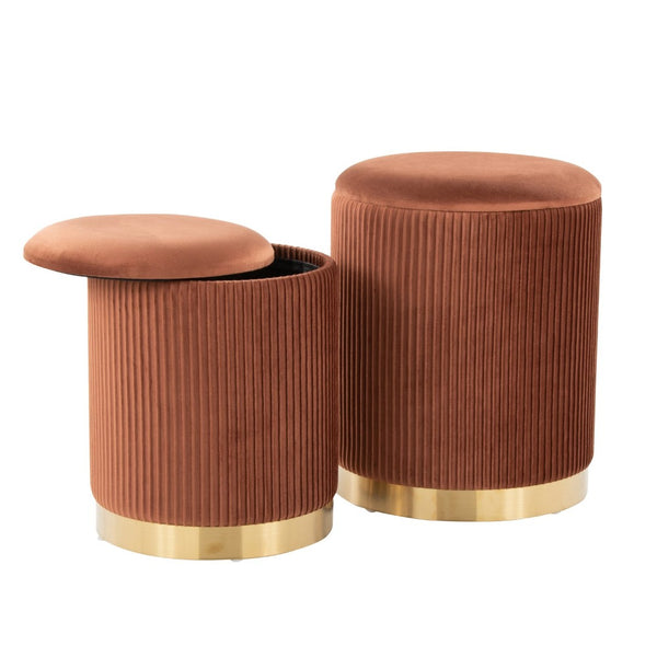 English Elm Nesting Pleated Velvet Ottoman Pair with Polished Gold Base Glam Living Room Accent B202P471509