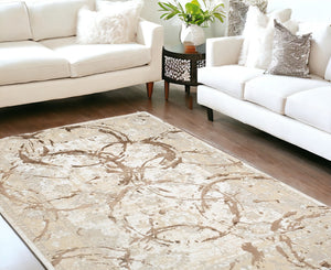 Homeroots 9' X 12' Beige And Gold Abstract Area Rug  Polyester 553832