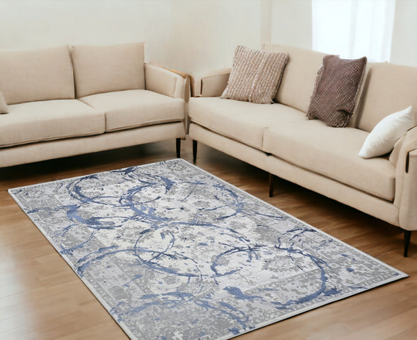 Homeroots 5' X 8' Ivory Blue And Gray Abstract Area Rug  Polyester 553835