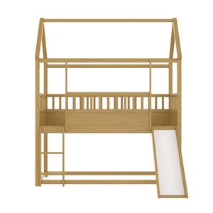 English Elm House Twin Bunk Bed with Built-In Slide and 3-Stage Ladder, Pine French Design with High Guardrail Safety Natural Wood W1858P241096