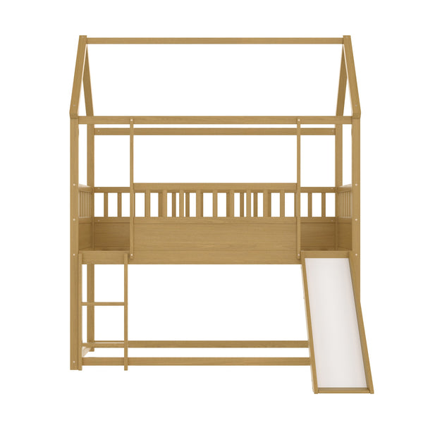 English Elm House Twin Bunk Bed with Built-In Slide and 3-Stage Ladder, Pine French Design with High Guardrail Safety Natural Wood W1858P241096
