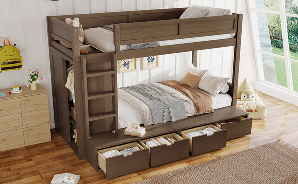 English Elm Twin Triple Bunk Bed Metal L-shaped Frame Sleeps Three Kids White Finish Brown W1580S00644