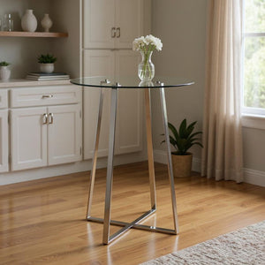 HomeRoots 32" Elegant Rounded Glass and Silver Iron Bar Table for Modern Dining and Hospitality Spaces 553870