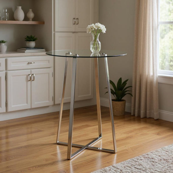 HomeRoots 32" Elegant Rounded Glass and Silver Iron Bar Table for Modern Dining and Hospitality Spaces 553870