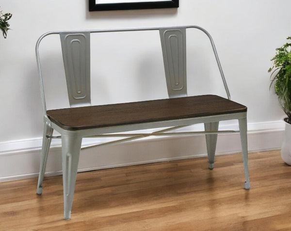 Homeroots 40" Stylish Brown And Gray Metal Solid Wood Dining Bench With Backrest For Comfort And Support   553871