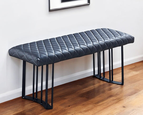 Homeroots 47" Dark Gray Tufted Faux Leather Dining Bench With Stylish Black Metal Base For Modern Spaces   553872