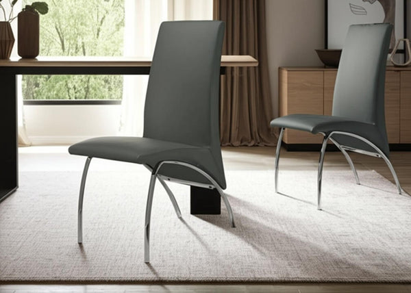 HomeRoots Set of Two Stylish Gray Faux Leather Dining Chairs with Silver Curved Legs for Modern Spaces 553877