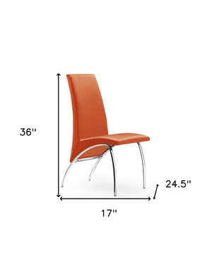 HomeRoots Set of Two Vibrant Orange Faux Leather Dining Chairs with Sleek Silver Legs for Stylish Comfort 553879