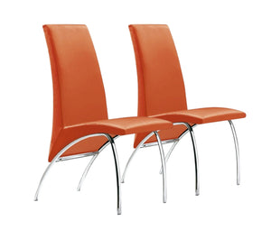 HomeRoots Set of Two Vibrant Orange Faux Leather Dining Chairs with Sleek Silver Legs for Stylish Comfort 553879